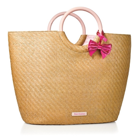 Juicy Couture Large Woven Tan Tote with Pink Bow- NEW - Picture 1 of 6